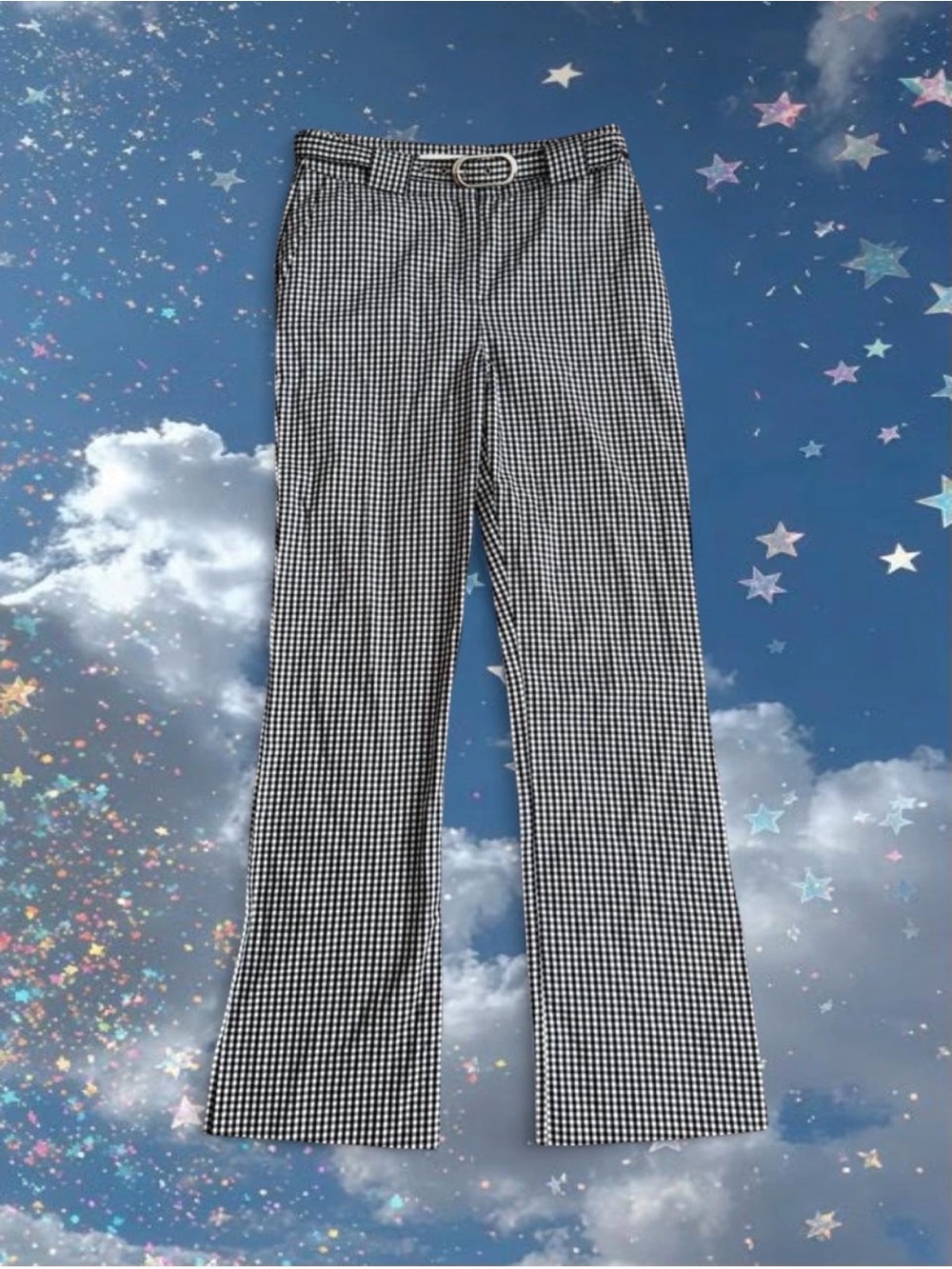 Etcetera Black White Gingham Flare Pants High Waist Belted Preppy Retro Style